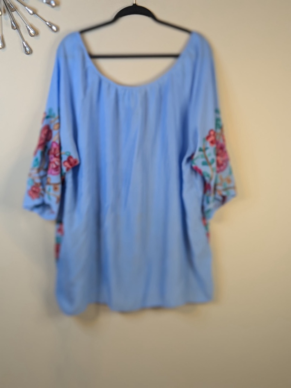 Embroidered Light Blue Peasant Tunic Top with Floral Detail 2X - Picture 6 of 7